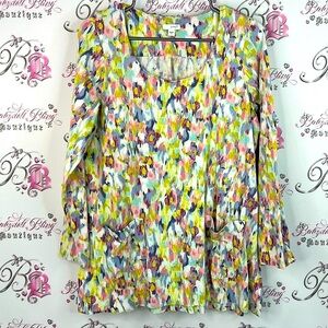 Pure Jill long sleeve paint 🎨 style brush Colorful Abstract Print Women's Blouse